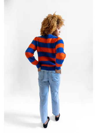 Maglia girocollo a righe in kid mohair garzato color prugna turchese