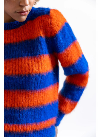 Maglia girocollo a righe in kid mohair garzato color prugna turchese