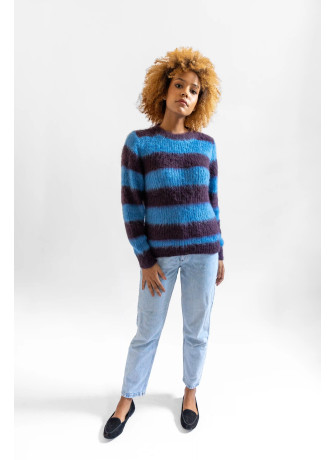 Maglia girocollo a righe in kid mohair garzato color prugna turchese