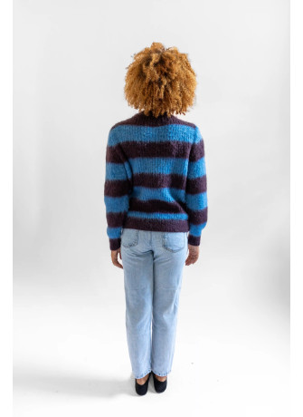 Maglia girocollo a righe in kid mohair garzato color prugna turchese