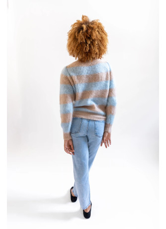 Maglia girocollo a righe in kid mohair garzato color prugna turchese