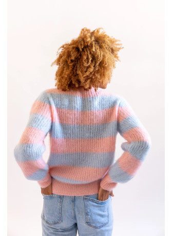 Maglia girocollo a righe in kid mohair garzato color prugna turchese