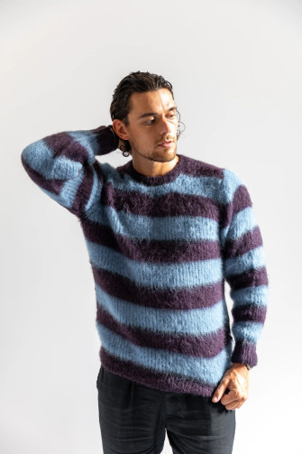 Black and white Striped crew-neck sweater in brushed kid mohair