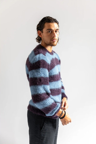 Black and white Striped crew-neck sweater in brushed kid mohair