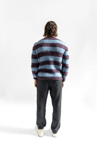 Black and white Striped crew-neck sweater in brushed kid mohair