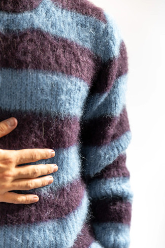 Black and white Striped crew-neck sweater in brushed kid mohair