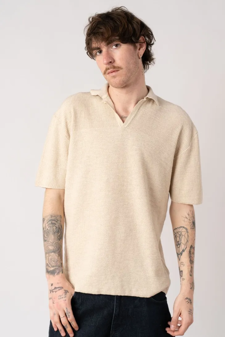 Half-sleeve polo shirt in linen blend black
