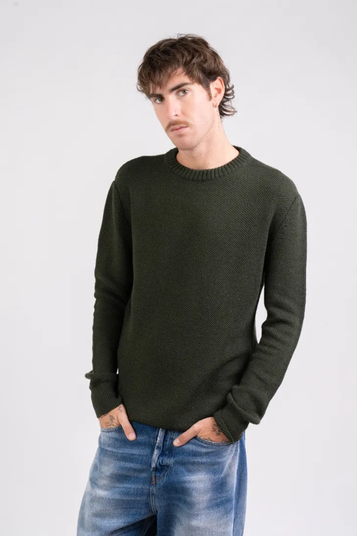 Maglia girocollo chicco di riso 100% lana merinos color militare