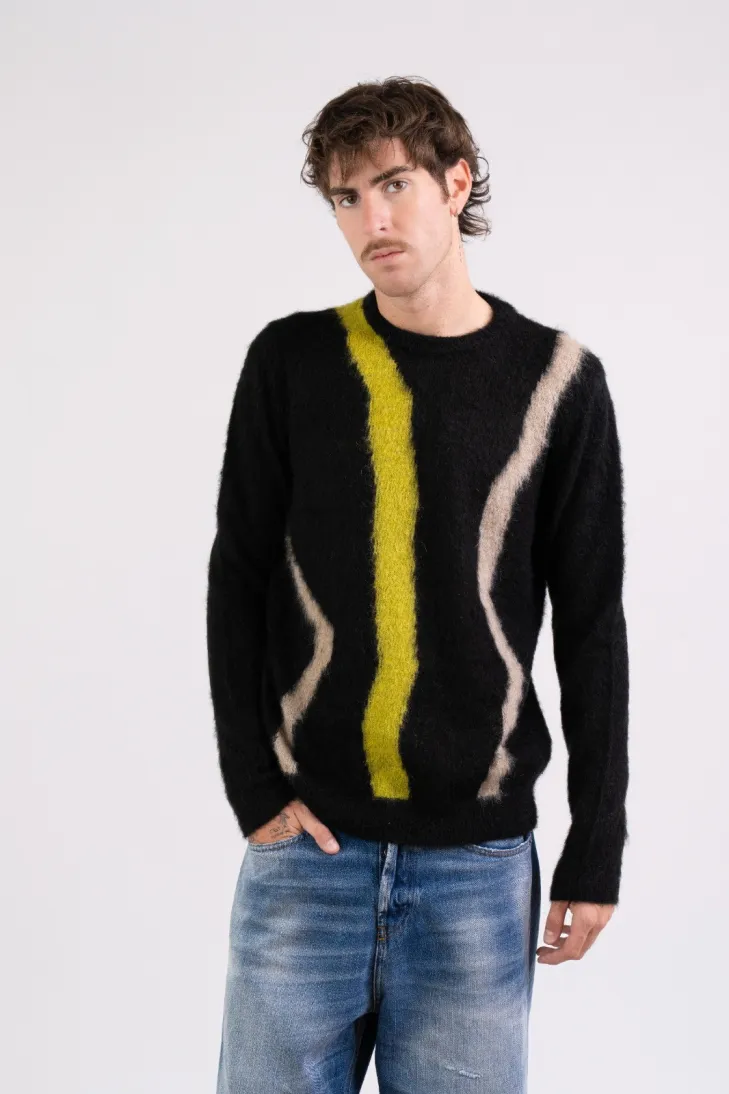Maglia girocollo intarsio in kid mohair nero