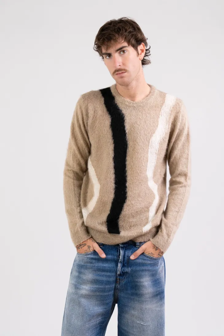 Maglia girocollo intarsio in kid mohair nero