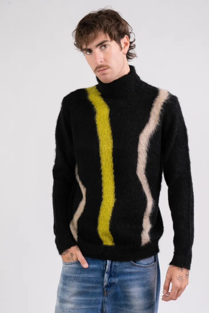 Maglia collo alto intarsio in kid mohair nero