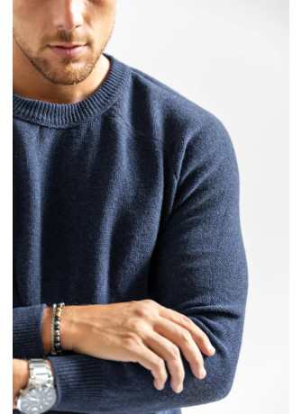 Crew-neck sweater with saddle sleeve and external stitching for men