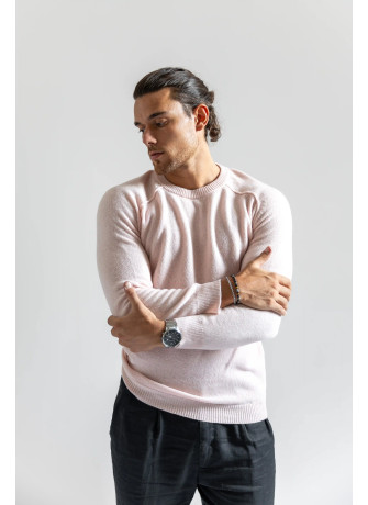 Crew-neck sweater with saddle sleeve and external stitching for men