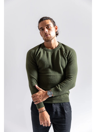 Crew-neck sweater with saddle sleeve and external stitching for men