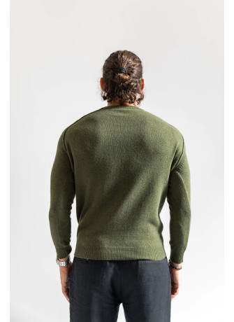 Crew-neck sweater with saddle sleeve and external stitching for men