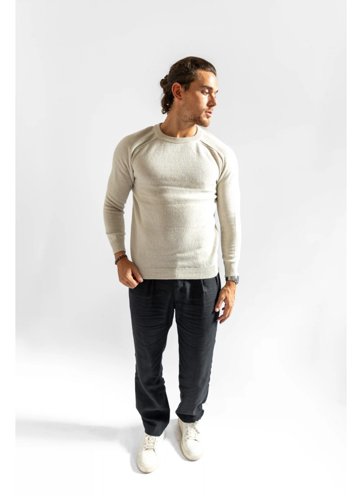 Crew-neck sweater with saddle sleeve and external stitching for men