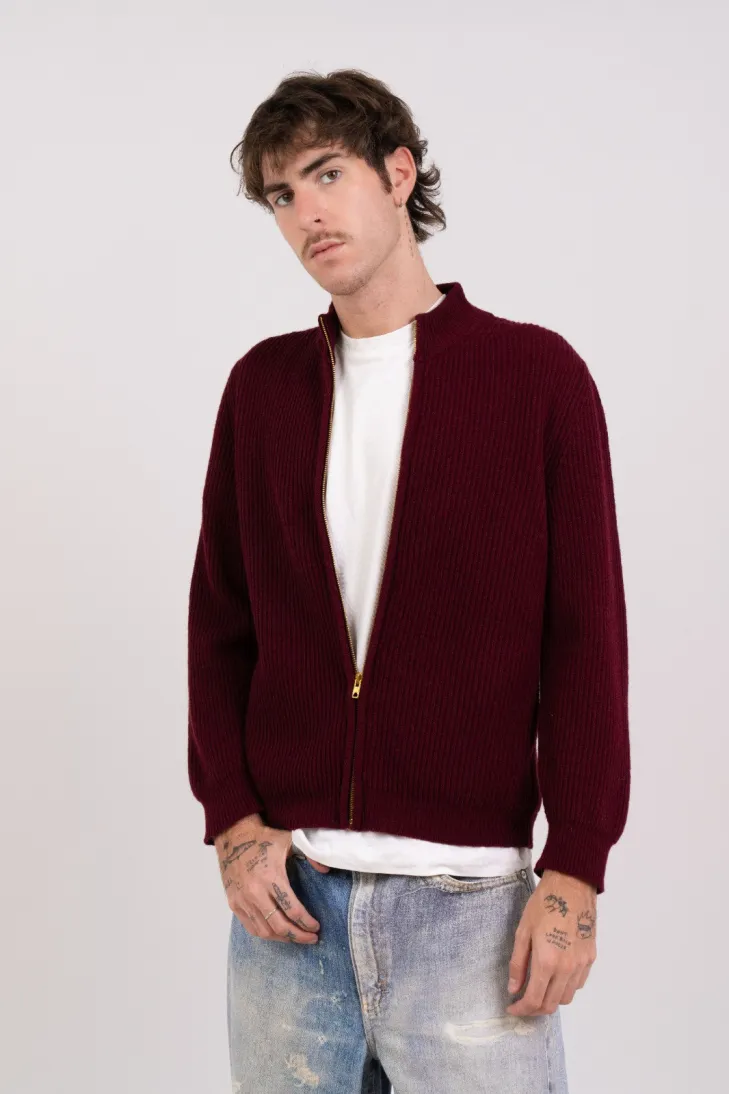 Burgundy high-neck ribbed knit jacket