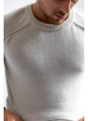 Crew-neck sweater with saddle sleeve and external stitching for men