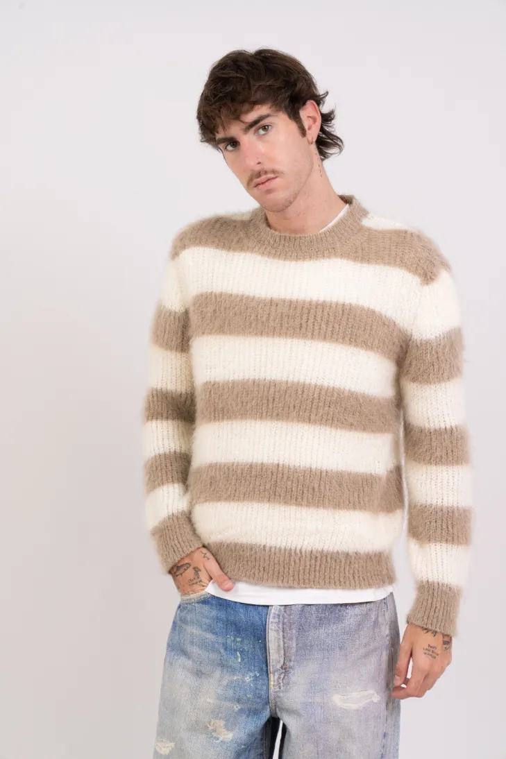 Maglia girocollo a righe in kid mohair color bianco-nero