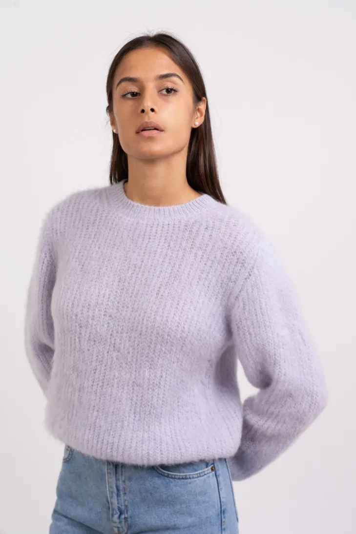 Solid color crew-neck sweater in brushed kid mohair