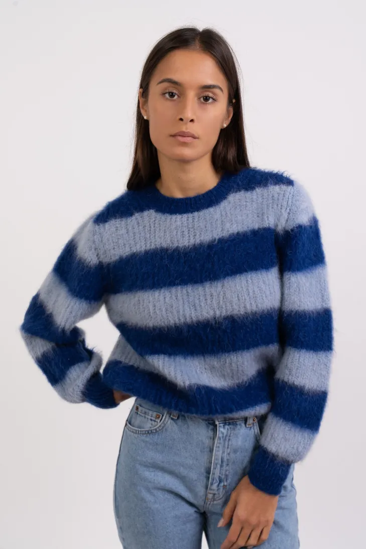 Maglia girocollo a righe in kid mohair garzato color arancio blu