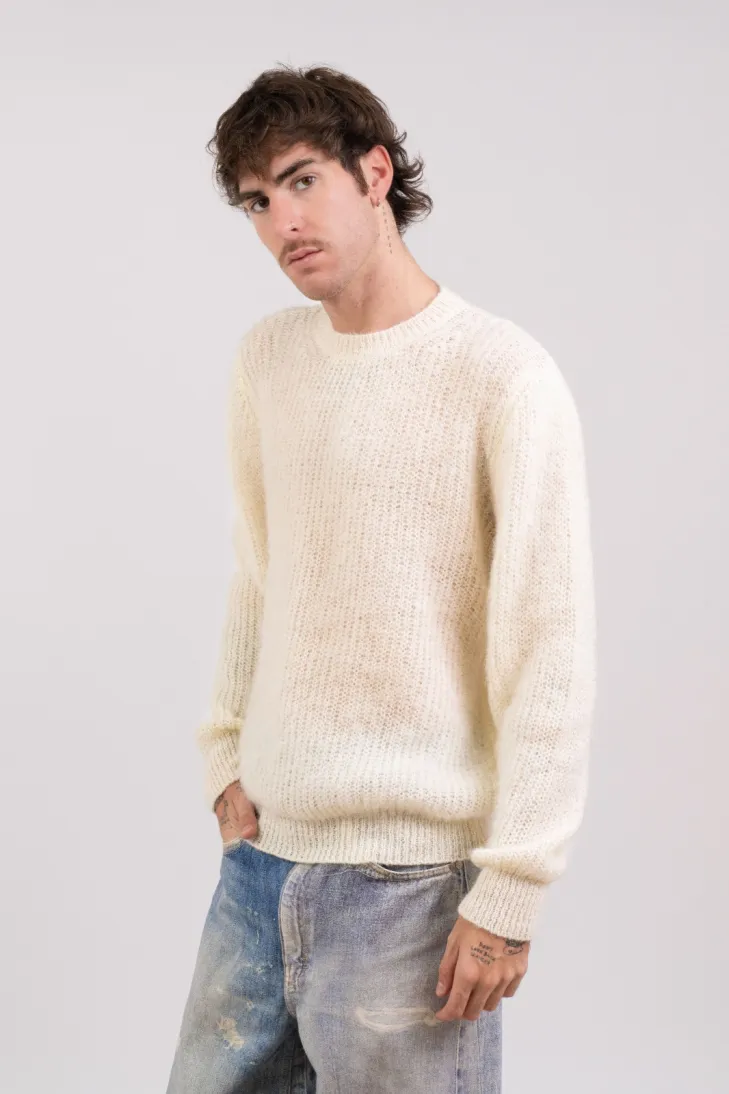 Solid color crew-neck sweater in brushed kid mohair