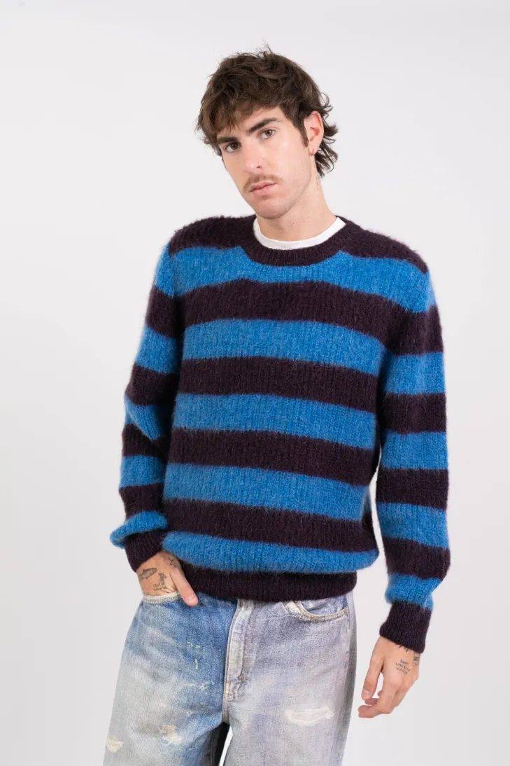 Maglia girocollo a righe in kid mohair color prugna e turchese