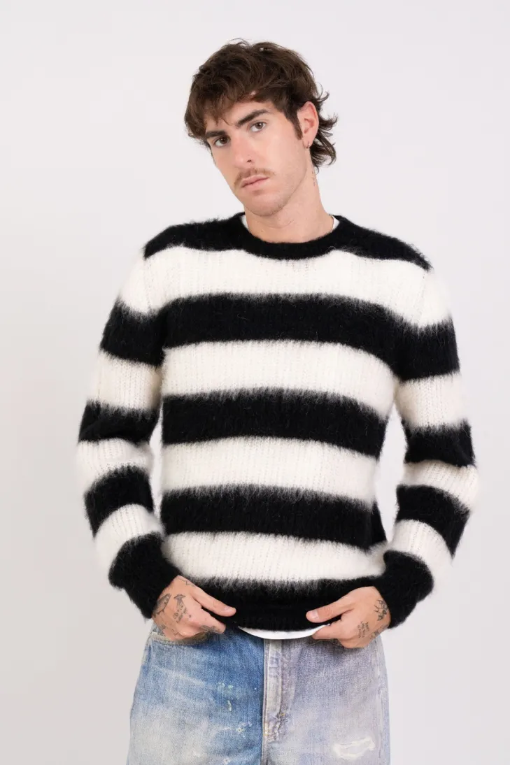 Maglia girocollo a righe in kid mohair color bianco-cammello