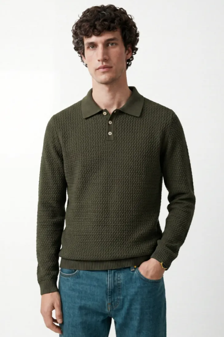 Long sleeve honeycomb polo shirt camel
