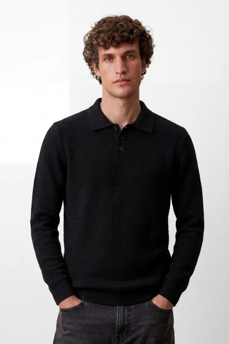 Long sleeve honeycomb polo shirt white