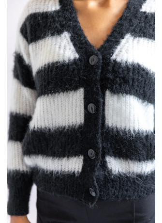 Cardigan corto a righe in kid mohair color bianco e nero