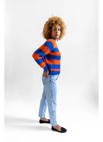 Maglia girocollo a righe in kid mohair garzato color arancio blu