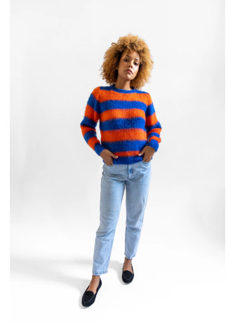 Maglia girocollo a righe in kid mohair garzato color arancio blu