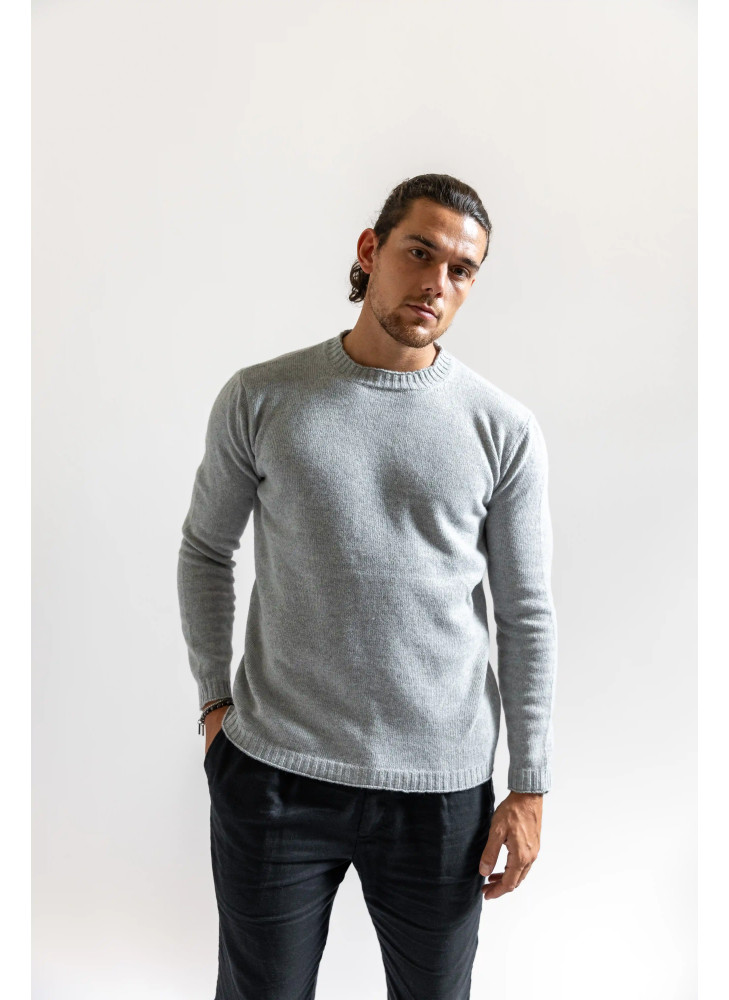 Crew-neck sweater with gray mélange yarn curl