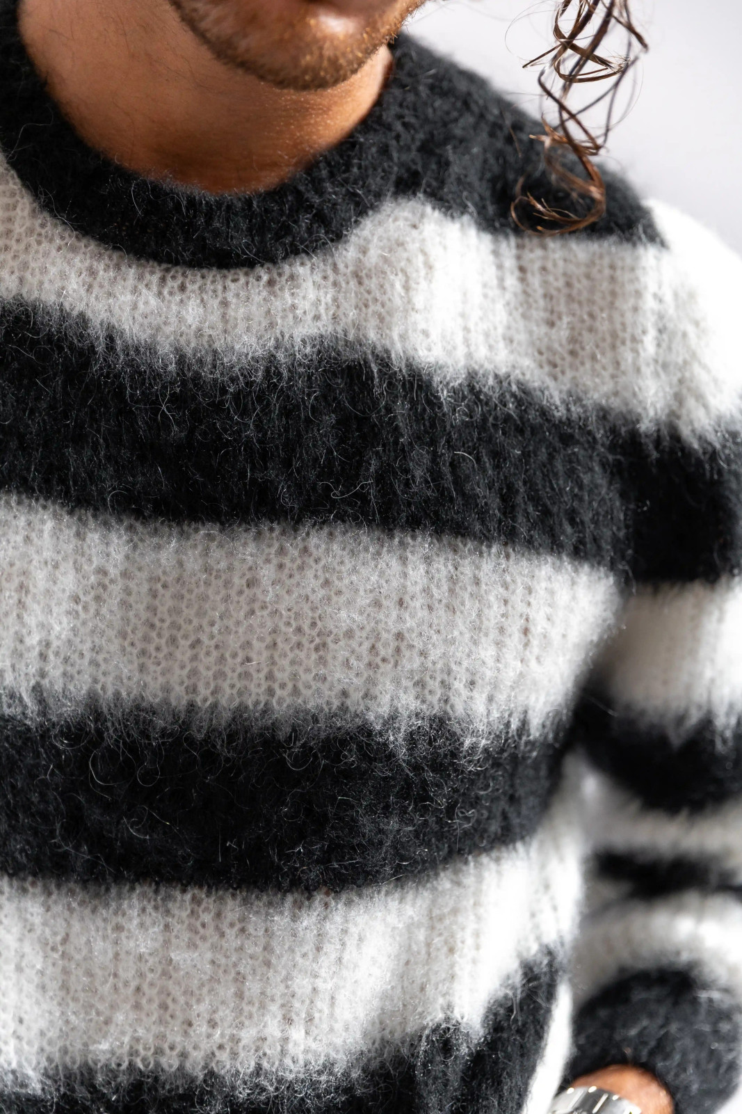 Black and white Striped crew-neck sweater in brushed kid mohair