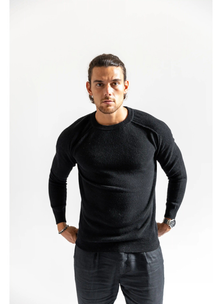 Crew-neck sweater with saddle sleeve and external stitching for men