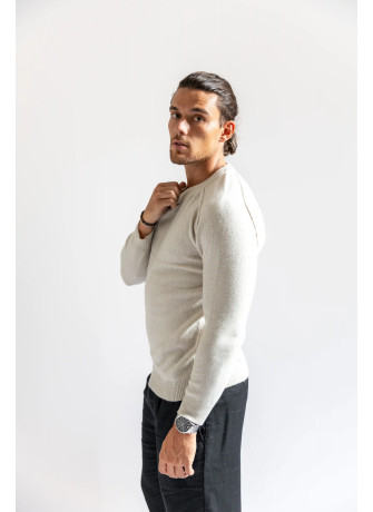 Crew-neck sweater with saddle sleeve and external stitching for men